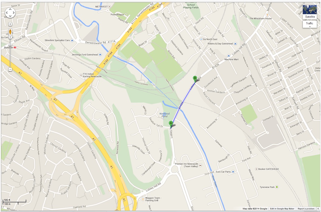 google map - lobley hill road closure gateshead