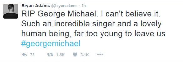 bryan adams tweet on George Michael