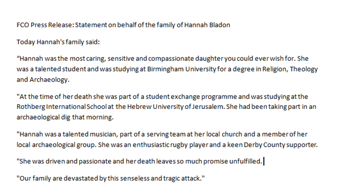 Hannah Bladon FCO statement