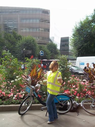 Harriet out and about in London on a Boris bike 