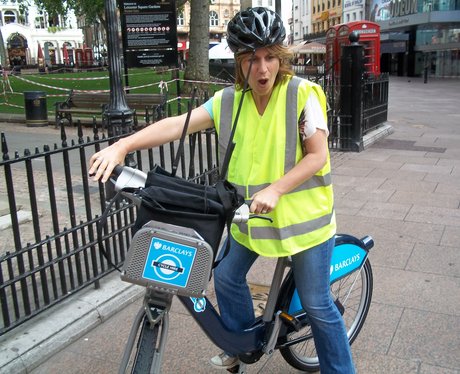 Harriet out and about in London on a Boris bike 