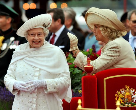 Queen Elizabeth II and Duchess of Cornwall laugh