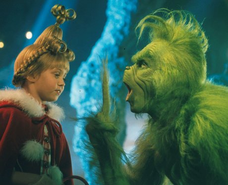 A screen shot of the Grinch from the film 'Dr Seuss' How the Grinch Stole Christmas'.