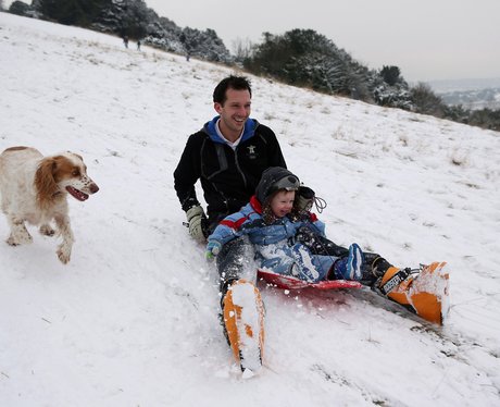A father and son with their dog on a sledge 