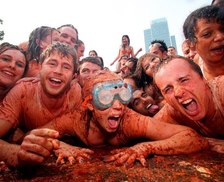People throwing tomatoes in London.
