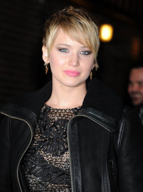 jennifer Lawrence wears a leather jacket to the David Letterman show