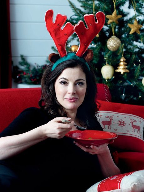 Nigella Lawson wearing reindeer antlers