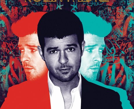 Robin Thicke in red, blue and black