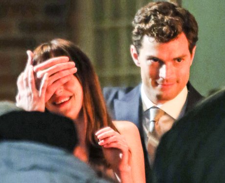 Jamie Dornan and Dakota Johnson on set 50 Shades o