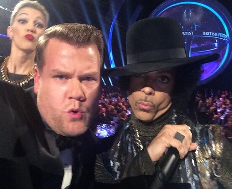 James Corden and Prince backstage at the Brit Awards