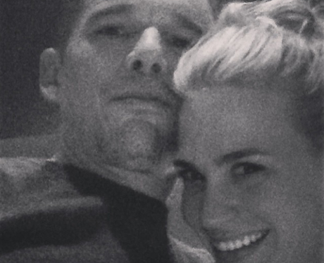 black and white selfie of Ethan Hawke and January Jones