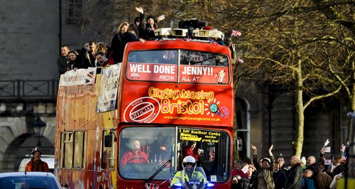 Jenny Jones arrives in Bristol on open-top bus tou