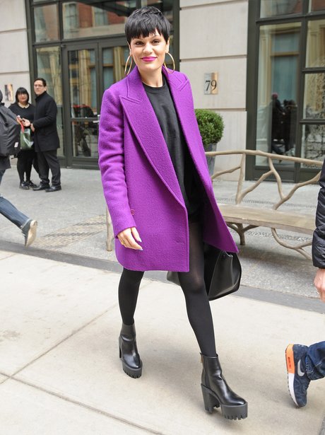 Jessie J wearing a purple coat in New York