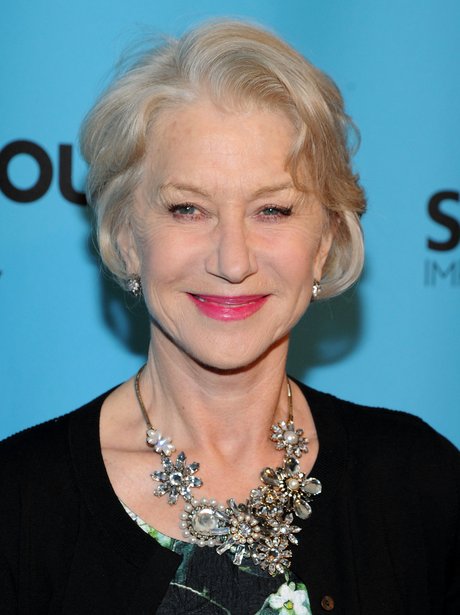 Helen Mirren in pink lipstick and glittering necklace
