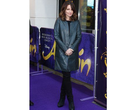Tina Fey in a green leather coat