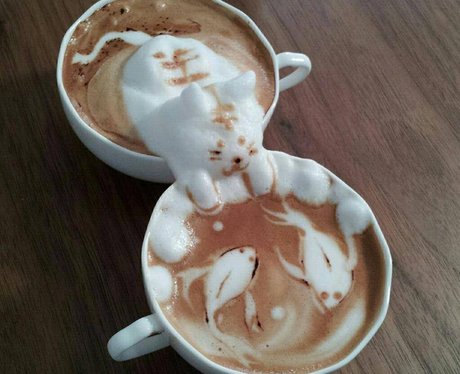 cappuccino foam in the shape of a cat
