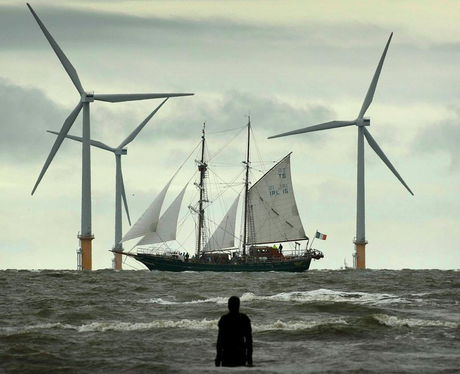 Wind turbines and a ship