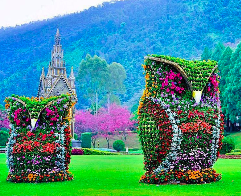 Owl sculptures made of flowers