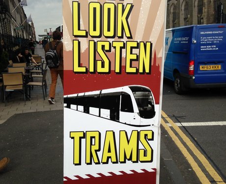 A tram safety sign in Edinburgh