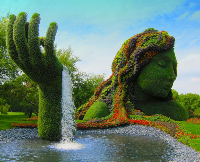 A fountain in a garden.