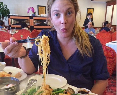 Drew Barrymore eating noodles