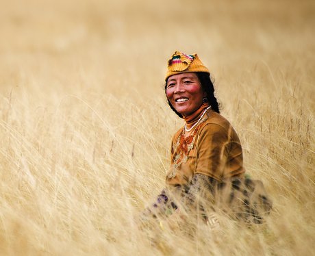A lady sitting in a field