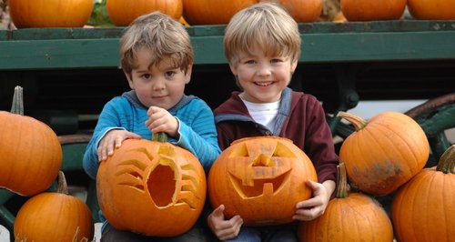 two children pumpkin carving