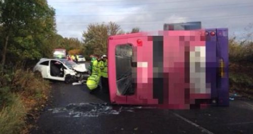 Overturned Double Decker Bus