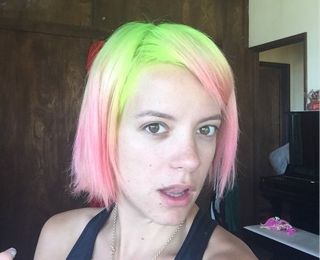 Lily Allen with green and pink hair