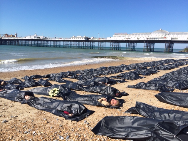 Body bag stunt on Brighton Beach