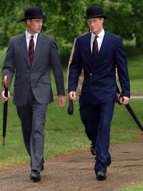 Prince Harry and Prince William wearing matching bowler hats and ties