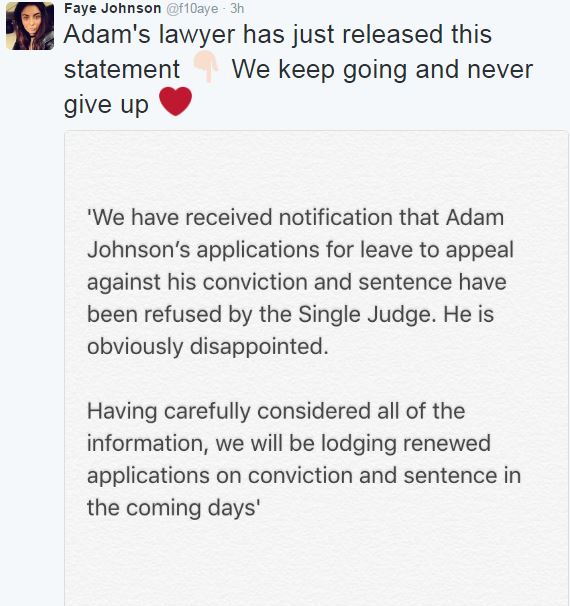 Adam Johnson's sister tweeting about appeal