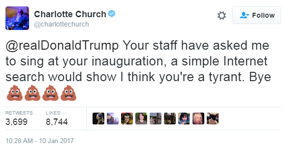 Charlotte Church's tweet about Trump