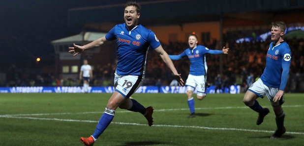 Rochdale players celebrate their second goal again