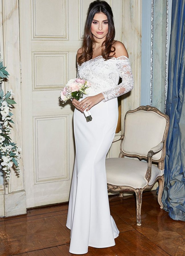 bardot sleeve wedding dress